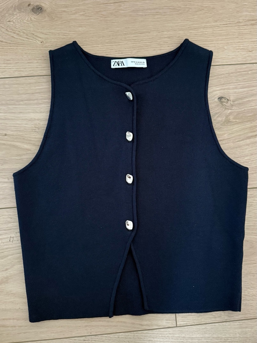 ZARA Navy Sleeveless Button Knit Top